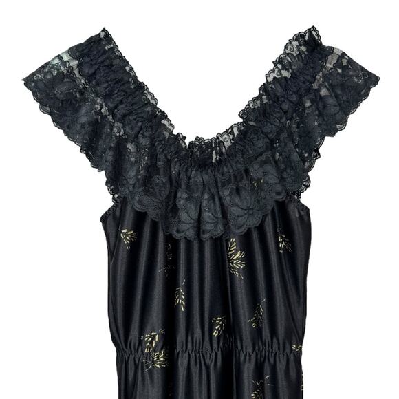 Vintage 70s Dolores For Poirette Black Sleepwear Jumpsuit Medium Lace Gold Satin - Picture 2 of 8